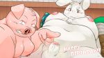  16:9 2019 anthro balls belly blush censored domestic_pig duo english_text erection fur hi_res humanoid_penis lagomorph leporid male mammal moobs navel nipples overweight overweight_male penis pink_body rabbit rodemaru suid suina sus_(pig) text white_fur 