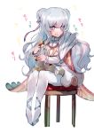  +_+ 1girl :t azur_lane ballet_slippers bangs blue_eyes blush breasts chair chewing commentary_request cookie cutout double_bun eating food hair_ribbon happy high_collar holding holding_food le_malin_(azur_lane) long_hair long_sleeves moji_(mojimozis) pantyhose ribbon sidelocks silver_hair simple_background sitting skirt solo sweets symbol-shaped_pupils underboob underboob_cutout wavy_hair white_background white_legwear white_skirt 