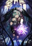  1girl black_nails boots castle ghost green_eyes green_hair halloween hatsune_miku highres jewelry knee_boots long_hair misoni_comi nail_polish night open_mouth outdoors outstretched_arm pantyhose ring skirt solo torn_clothes torn_legwear twintails very_long_hair vocaloid 