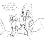  anthro canid canine clothed clothed_sex clothing dialogue disney duke_weaselton duo english_text fox grivaire handcuffs male mammal mustela mustelid musteline nick_wilde open_mouth sex shackles sketch text tongue tongue_out zootopia 