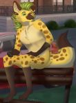  2019 absurd_res anthro beauty_mark bench blurred_background car ear_piercing fangs fur green_eyes green_hair hair hi_res hyaenid male mammal mohawk_(hairstyle) notched_ear nude outside phone piercing problemvacancy sitting smile solo spots spotted_hyena uwubanana vehicle yellow_fur 