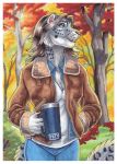  5_fingers anthro autumn black_nose breasts brown_hair cleavage clothed clothing felid female fingers fur hair jacket mammal outside pantherine pink_nose shirt snow_leopard solo topwear tree whiskers wielder 
