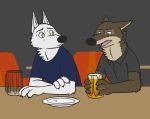  alcohol anthro beer beverage blue_eyes brown_fur canid canine canis chair clothing cup disney duo fur gary_(zootopia) hi_res larry_(zootopia) male mammal open_mouth plate shirt sitting skunkbutt_(artist) table teeth topwear white_fur wolf yellow_eyes zootopia 
