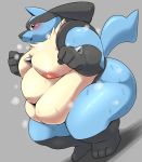  2019 absurd_res ambiguous_gender anthro belly big_belly black_fur blue_fur blush bodily_fluids breasts butt canid canine chubby_cheeks digital_drawing_(artwork) digital_media_(artwork) full-length_portrait fur grey_background hi_res looking_at_viewer lucario mammal navel nintendo nipples obese open_mouth overweight pok&eacute;mon pok&eacute;mon_(species) portrait red_eyes silicon_chub simple_background smile solo steam sweat tan_fur tuft video_games wide_hips 