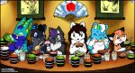  2019 ambiguous_gender anthro black_hair blue_eyes canid canine chibi domestic_cat eyes_closed eyewear felid feline felis food fox fur glasses hair licking licking_lips mammal nude o-kemono o-kemono_(character) purple_hair sushi tongue tongue_out white_fur 