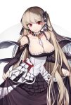  1girl azur_lane bangs bare_shoulders between_breasts black_dress blacktheif blush breasts cleavage commentary_request dress earrings eyebrows_visible_through_hair formidable_(azur_lane) frilled_dress frills hair_ribbon jewelry large_breasts long_hair long_sleeves looking_at_viewer red_eyes ribbon solo twintails two-tone_dress two-tone_ribbon very_long_hair 