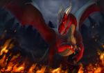  2019 averrisvis claws detailed_background digital_media_(artwork) dragon feral fire hi_res horn male membrane_(anatomy) membranous_wings night outside red_scales scales scalie solo spines western_dragon wings 