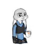  1:1 anthro beverage buckteeth clothed clothing coffee coffee_mug dipstick_ears disney ears_down english_text female half-length_portrait holding_object judy_hopps lagomorph leporid mammal multicolored_ears numbro pivoted_ears police_uniform portrait rabbit simple_background solo teeth text uniform white_background zootopia 