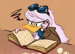  anatid annoyed anseriform anthro avian bird book clothed clothing della_duck disney duck ducktales ducktales_(2017) eyewear goggles goggles_on_head hair long_hair reading solo verdetempera white_hair 
