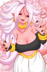  2018 alien android_21 armwear big_breasts black_nails black_sclera breasts cleavage clothed clothing colored_nails dragon_ball dragon_ball_fighterz ear_piercing female food hair hi_res huge_breasts humanoid humanoid_pointy_ears jellcaps jewelry long_hair looking_at_viewer majin majin_android_21 nails navel not_furry open_mouth piercing pink_skin red_eyes solo teeth tongue white_hair 