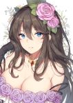  1girl ayuanlv bare_shoulders black_gloves blush breasts brown_hair cleavage dress flower gloves granblue_fantasy hair_between_eyes hair_flower hair_ornament hairband hand_up highres large_breasts long_hair looking_at_viewer off-shoulder_dress off_shoulder parted_lips purple_eyes rose rosetta_(granblue_fantasy) smile solo upper_body very_long_hair 