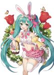  1girl absurdres animal_ears aqua_eyes aqua_hair bare_shoulders basket bow bug bunny_ears butterfly churi_(oxxchurixxo) collar detached_sleeves easter easter_egg egg flower gloves hair_between_eyes hair_bow hair_flower hair_ornament hatsune_miku highres insect long_hair looking_at_viewer midriff open_mouth single_thighhigh skirt solo standing standing_on_one_leg thighhighs twintails very_long_hair vocaloid white_background white_gloves white_legwear wreath yellow_sleeves 
