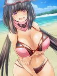  1girl bangs bare_shoulders beach bikini black_hair blue_sky blunt_bangs blush breasts cleavage fate/grand_order fate_(series) goggles goggles_on_head large_breasts long_hair looking_at_viewer maki_(seventh_heaven_maxion) navel ocean open_mouth osakabe-hime_(fate/grand_order) osakabe-hime_(swimsuit_archer)_(fate) pink_bikini pink_scarf purple_eyes scarf ski_goggles sky smile solo swimsuit twintails very_long_hair wavy_mouth 
