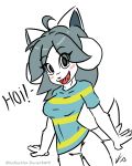  anthro beady_eyes black_nose bottomless canid canine canis clothed clothing domestic_cat domestic_dog drfoxxbutt felid feline felis female fur grey_hair hair hi_res mammal temmie_(undertale) undertale video_games 