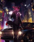  2019 5_fingers anthro canid canine car city clothed clothing digital_media_(artwork) fingers fruitbloodmilkshake gun hair hi_res holding_gun holding_object holding_weapon mammal night outside purple_hair raining ranged_weapon red_eyes red_hair standing vehicle weapon 
