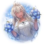  1girl :d ^_^ blush boba closed_eyes collarbone dark_skin dress eyebrows_visible_through_hair flower granblue_fantasy hair_between_eyes highres holding holding_flower leaning_to_the_side long_hair open_mouth petals smile solo sparkle white_dress white_hair zooey_(granblue_fantasy) 