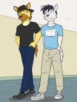  anthro canid canine canis clothed clothing duo fully_clothed fuze fuzeyeen hi_res hyaenid male mammal spotted_hyena wolf 
