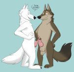  anthro balls brown_fur canid canine canis dialogue disney duo english_text fangs frottage fur gary_(zootopia) hi_res holding_penis knot larry_(zootopia) looking_down male male/male mammal open_mouth penis penis_grab sex silly simple_background skunkbutt_(artist) smile standing text tongue white_fur wolf zootopia 