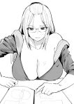  1girl bangs_pinned_back breast_rest breasts cleavage folded_hair glasses greyscale hair_pulled_back highres hood hoodie inne_sulistya_robin large_breasts long_hair looking_at_viewer monochrome norman_maggot notebook open_clothes open_hoodie original pov sleeves_rolled_up table teacher tutor unzipped 