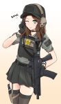  1girl 404_logo_(girls_frontline) assault_rifle baseball_cap belt body_armor brown_hair cellphone combat_shirt eyebrows_visible_through_hair gloves green_eyes gun h&amp;k_g36c hadoukirby hand_on_hip handgun hat headset heckler_&amp;_koch highres holster military one_eye_closed original phone pistol plate_carrier pleated_skirt pointing pointing_up rifle skirt sling_(weapon) tactical_clothes thigh_holster thighhighs union_jack watch wavy_hair weapon wristwatch 