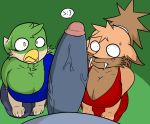  &gt;:3 2019 avian big_breasts big_penis bird breasts cleavage clothed clothing erection felid female huge_penis machairodontine male mammal masterj291 penis shocked surprise vein 