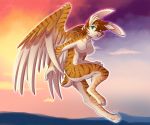  2019 4_toes 5_fingers anthro avian brown_fur brown_hair cecilia_(shadowcatcher) citrinelle day detailed_background digital_media_(artwork) feathered_wings feathers felid feline female fingers flying fur green_eyes hair hi_res hybrid lagomorph leporid mammal nude outside rabbit sky solo striped_fur stripes toes wings 