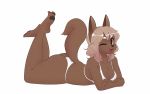  16:10 anthro bra breasts butt canid canine canis clothing domestic_dog fangs female hair hi_res jupiter_europe long_hair lying mammal one_eye_closed open_mouth panties pawpads simple_background solo underwear 