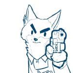  1:1 anthro arctic_fox canid canine clothed clothing disney female fox fur holding_gun holding_object holding_weapon inner_ear_fluff mammal monochrome replytoanons simple_background sketch skye_(zootopia) solo weapon white_background zootopia 