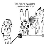  1:1 black_and_white bottomwear buckteeth canid canine clothed clothing coffee_mug crossdressing cup dialogue disney drinking ears_down ears_up english_text female fox judy_hopps lagomorph leporid male mammal monochrome nick_wilde nightgown partially_clothed pivoted_ears rabbit replytoanons shorts standing teeth text zootopia 