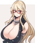  1girl beige_background bespectacled blonde_hair blue_eyes breasts commentary_request elbow_gloves front-tie_top glasses gloves hair_between_eyes highres huge_breasts iowa_(kantai_collection) kantai_collection red-framed_eyewear ryuun_(stiil) sidelocks sleeveless smile solo upper_body 