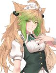  1girl ahoge alternate_costume animal_ears atalanta_(fate) blonde_hair breasts cat_ears enmaided fate/apocrypha fate_(series) green_eyes green_hair highres hikichi_sakuya long_hair long_sleeves looking_at_viewer maid maid_headdress multicolored_hair puffy_short_sleeves puffy_sleeves short_sleeves simple_background small_breasts smile solo two-tone_hair upper_body very_long_hair white_background 
