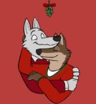  brown_fur canid canine canis clothing disney duo eyes_closed fur gary_(zootopia) hug larry_(zootopia) male male/male mammal mistletoe nuzzling plant simple_background skunkbutt_(artist) smile sweater topwear white_fur wolf zootopia 