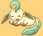  2019 eeveelution eyes_closed leafeon nintendo orange_background pikatiu pok&eacute;mon pok&eacute;mon_(species) simple_background sleeping video_games 