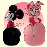  1:1 amy_rose anthro big_butt bottomless breasts butt clothed clothing disney duo female green_eyes hi_res looking_at_viewer looking_back mammal minnie_mouse mouse murid murine ota_(artist) rear_view rodent sonic_(series) 