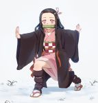  1girl bamboo bit_gag black_cloak black_hair checkered_obi cloak full_body gag hair_ribbon haori highres japanese_clothes justin_leyva_(steamy_tomato) kamado_nezuko kimetsu_no_yaiba kimono long_hair looking_at_viewer mouth_hold multicolored_hair orange_hair outdoors outstretched_arms pink_eyes pink_kimono pink_ribbon ribbon sandals snow solo two-tone_hair 