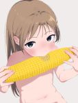  1girl blue_eyes blush bouen brown_hair commentary corn eating fingernails grey_background highres long_hair looking_at_viewer navel nude original simple_background solo upper_body 