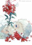  1boy blood bloody_clothes blue_eyes bug butterfly collared_shirt copyright_name cuts ekita_xuan flower highres injury insect light_smile long_sleeves looking_at_viewer lying neck_tattoo norman_(yakusoku_no_neverland) on_side one_eye_covered overgrown parted_lips portrait red_flower shirt smile solo tattoo white_background white_hair white_shirt yakusoku_no_neverland 