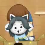 1:1 anthro beady_eyes black_nose bottomless canid canine canis clothed clothing domestic_cat domestic_dog felid feline felis female fur grey_hair hair hi_res mammal temmie_(undertale) undertale video_games 