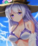  1girl alternate_costume azur_lane bangs bare_shoulders black_ribbon blue_sky blush bow bow_bikini braid breasts cleavage closed_mouth cloud day ena_tokisaka_(inadumakawaii) eyebrows_visible_through_hair flower french_braid from_below hair_between_eyes halterneck hat hat_flower hat_ribbon large_breasts lavender_eyes lavender_hair long_hair looking_at_viewer off_shoulder outdoors purple_bow rainbow revision ribbon rodney_(azur_lane) rodney_(future_beach_admiral)_(azur_lane) shiny shiny_skin sky smile solo strap_gap straw_hat swimsuit upper_body 
