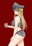  1girl bismarck_(kantai_collection) blonde_hair blue_eyes bubble_tea c-da cowboy_shot crop_top grey_headwear grey_shorts hand_on_own_thigh hat highres kantai_collection long_hair looking_at_viewer midriff military_hat peaked_cap red_background shirt short_shorts shorts simple_background sleeveless sleeveless_shirt solo standing tank_top 