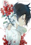  1boy bad_anatomy black_hair blood bloody_clothes bug butterfly butterfly_on_hand butterfly_on_shoulder closed_mouth collared_shirt copyright_name cuts ekita_xuan flower frown hand_on_own_neck highres injury insect long_sleeves looking_at_viewer male_focus overgrown profile ray_(yakusoku_no_neverland) red_flower shirt solo upper_body white_background white_shirt yakusoku_no_neverland 