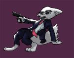  anthro arctic_fox barefoot blue_eyes canid canine clothed clothing disney famished_(artist) fangs female fox fur hi_res holding_gun holding_object holding_weapon mammal necktie open_mouth simple_background skye_(zootopia) snarling solo suit teeth weapon white_fur zootopia 