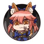  1girl :3 animal_ear_fluff animal_ears blue_kimono blue_ribbon chibi double_fox_shadow_puppet fate/extra fate/grand_order fate_(series) fox_ears fox_girl fox_shadow_puppet fox_tail hair_ribbon japanese_clothes kimono l.n looking_at_viewer miko parody pink_hair ribbon riyo_(lyomsnpmp)_(style) shaded_face solo style_parody tail tamamo_(fate)_(all) tamamo_no_mae_(fate) wide_sleeves yellow_eyes 