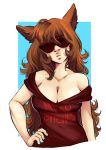  1girl animal_ears bare_shoulders blue_nails bramblefix breasts brown_hair cat_ears cleavage clothes_writing commentary curly_hair dress english_commentary hand_on_hip head_tilt highres large_breasts long_hair nail_polish no_bra off-shoulder_dress off_shoulder original outside_border profanity rimless_eyewear simple_background solo sunglasses very_long_hair 