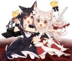  2girls absurdres animal_ear_fluff animal_ears azur_lane bangs bare_shoulders black_dress black_hair breasts cannon choker claw_pose cleavage commentary_request dress evening_gown eyebrows_visible_through_hair fang frilled_dress frilled_skirt frills grey_hair hair_ribbon highres huge_filesize large_breasts looking_at_viewer manjuu_(azur_lane) multiple_girls one_side_up open_mouth paw_pose red_eyes ribbon ribbon_choker rigging shigure_(azur_lane) shitada side_ponytail sidelocks skirt thick_eyebrows underboob underboob_cutout wolf_ears wrist_cuffs yuudachi_(azur_lane) yuudachi_(meat_bun_hunter)_(azur_lane) 
