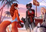  anthro beach black_nose blue_eyes canid canine canis clothed clothing day detailed_background eyebrows eyelashes eyewear female fox glasses mammal open_mouth outside sand seaside shoreline sky smile smileeeeeee smu standing tabia_(artist) teeth tongue water wolf 