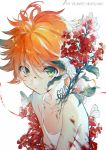  1girl bangs bare_shoulders blood bloody_clothes bug butterfly copyright_name cuts ekita_xuan emma_(yakusoku_no_neverland) flat_chest flower green_eyes hair_between_eyes highres injury insect looking_at_viewer neck_tattoo orange_hair overgrown plant red_flower shirt short_hair sleeveless solo spaghetti_strap tattoo upper_body white_background white_shirt yakusoku_no_neverland 
