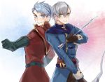  2boys arrow ashe_ubert belt blue_eyes blue_hair blush bow_(weapon) caspar_von_bergliez fire_emblem fire_emblem:_three_houses fur_trim gloves green_eyes grey_hair gslnsk_3230 highres multiple_boys sparkle teeth weapon 