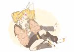  1boy 1girl artist_name blonde_hair blue_eyes blush brother_and_sister forehead_kiss grin hair_ornament hairclip headphones headset highres interlocked_fingers kagamine_len kagamine_rin kiss kneeling leaning_back leaning_forward leg_warmers m0ti necktie pink_sweater sailor_collar short_hair short_ponytail shorts siblings sitting sketch smile socks sweater twins twitter_username vocaloid yellow_nails 