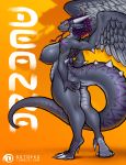  2018 anthro big_breasts breasts butt deanna_(deko06) deko06 dragon feathers female hair hand_on_butt horn nipples nude purple_hair solo spikes standing thick_thighs wings 